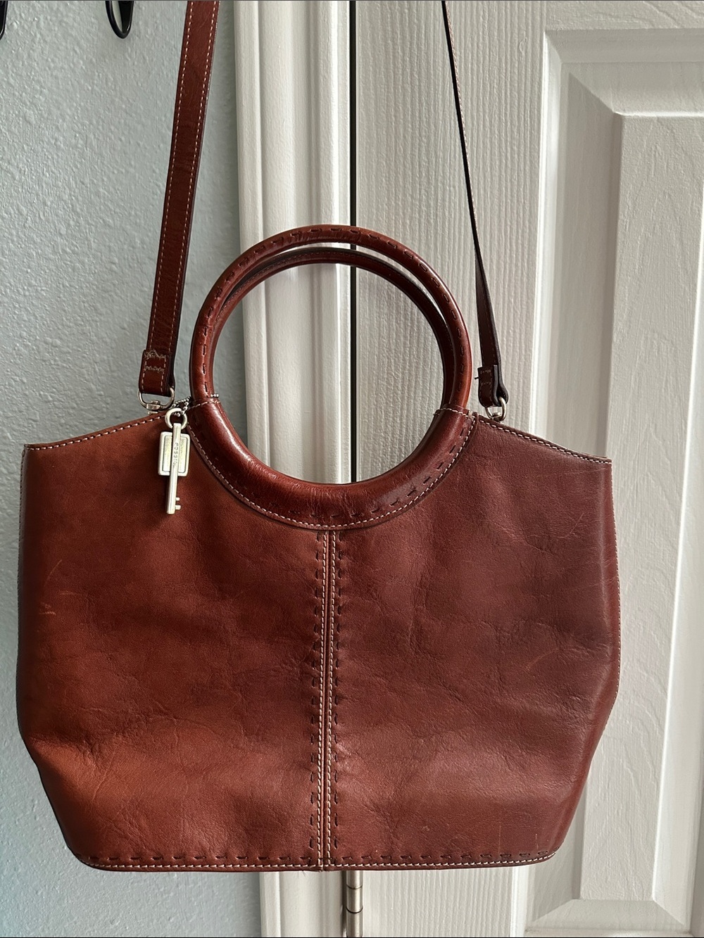 Vintage Fossil Round-Handle Leather Shoulder Bag Honey Brown OS Timeless Preppy